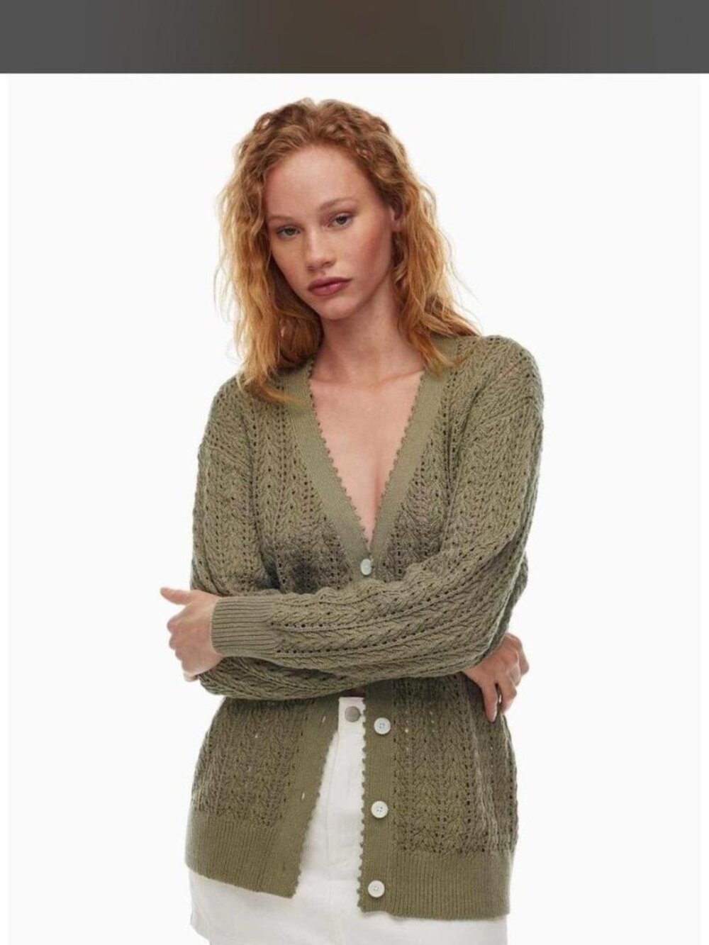 Aritzia Olive Green Scalloped Cardigan Size S